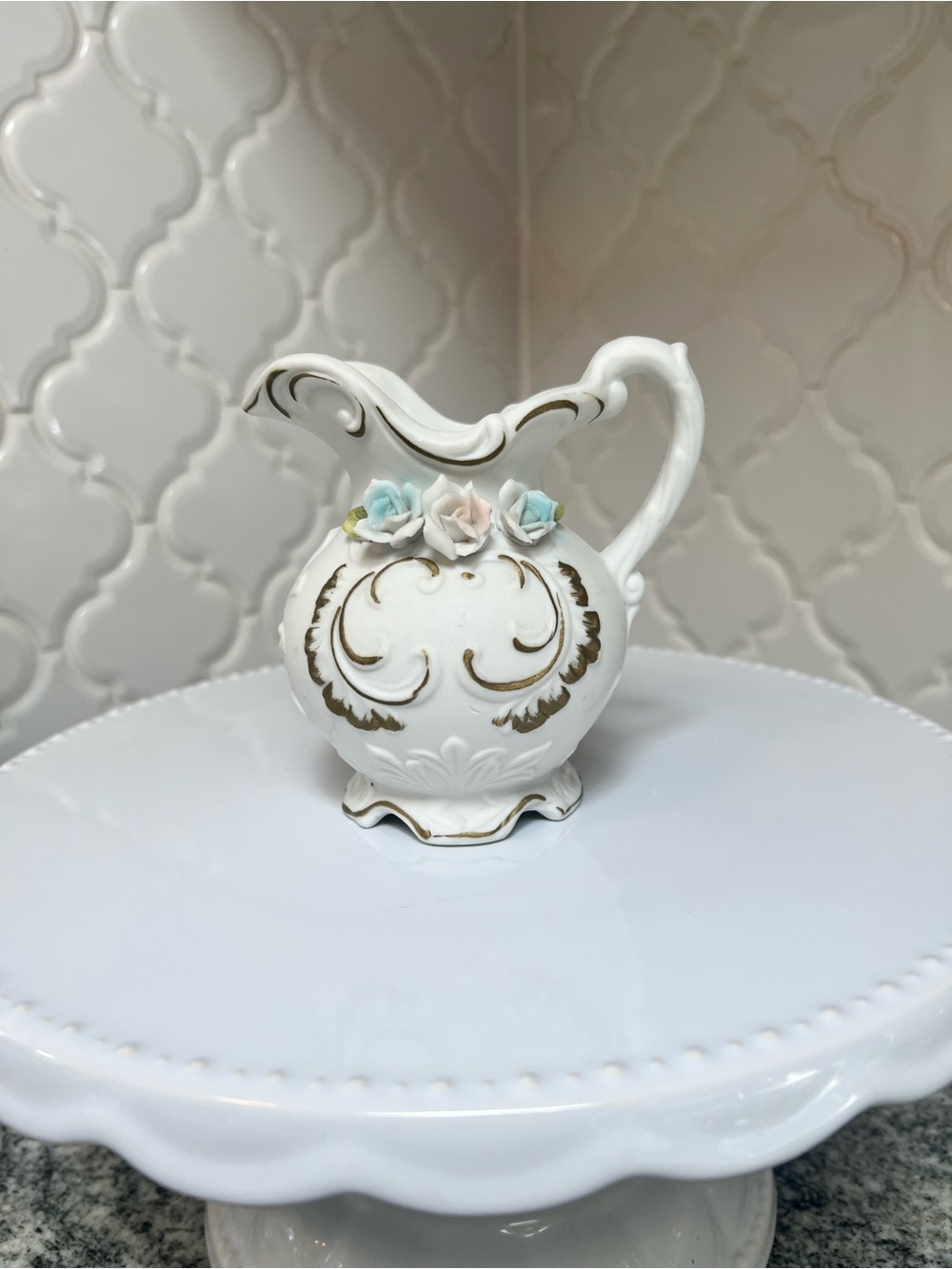 Vintage White Porcelain Floral Accent Pitcher with Gold Trim